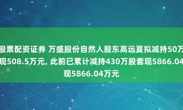 股票配资证券 万盛股份自然人股东高远夏拟减持50万股套现508.5万元, 此前已累计减持430万股套现5866.04万元